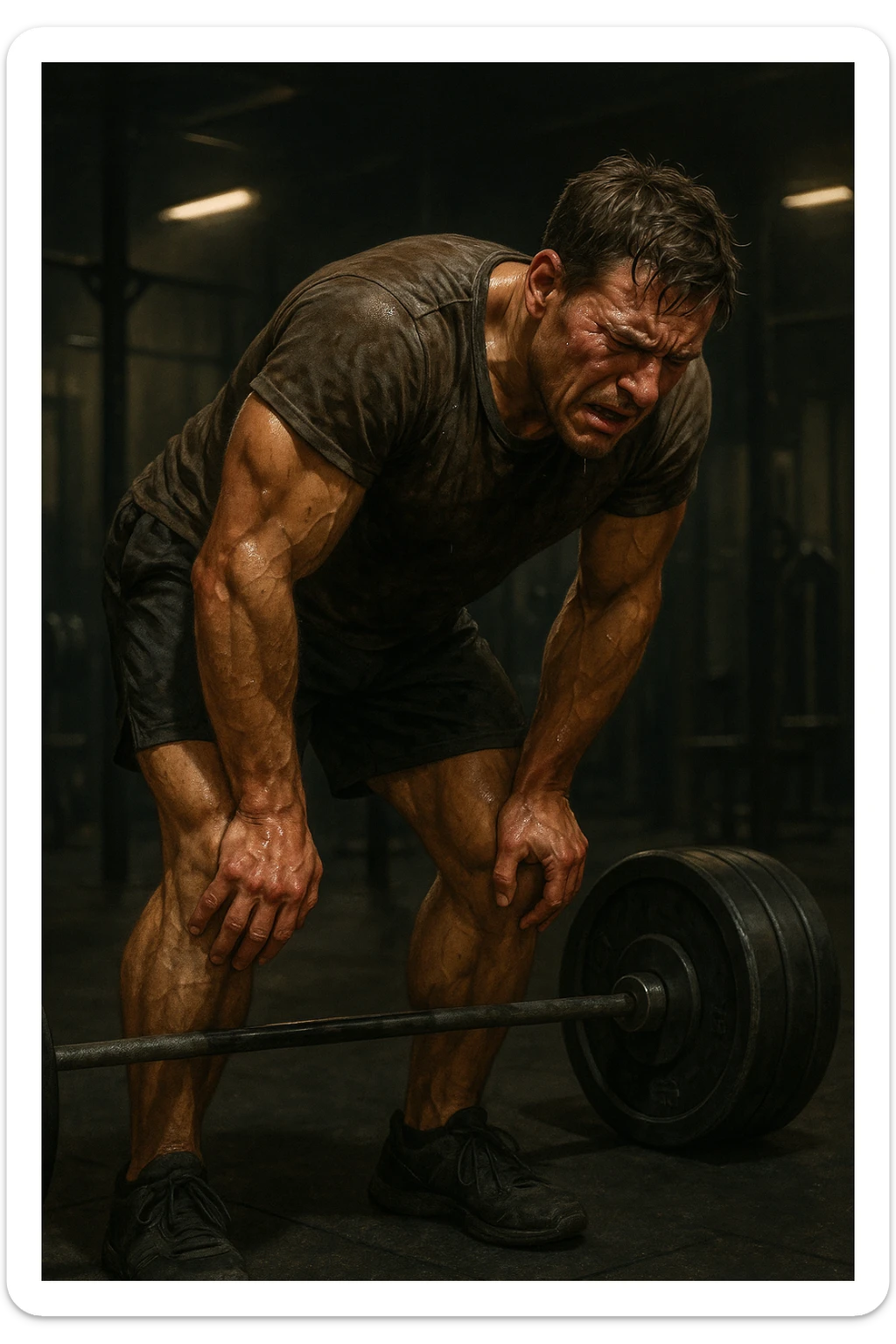 Uomo in palestra durante un allenamento, piegato su sé stesso con le mani sulle ginocchia, sudato, visibilmente esausto. Ha un'espressione di frustrazione e affaticamento estremo. Pesi pesanti accanto a lui, atmosfera intensa, luci soffuse. Il corpo mostra segni di sforzo eccessivo e accumulo di fatica. in italiano sticker