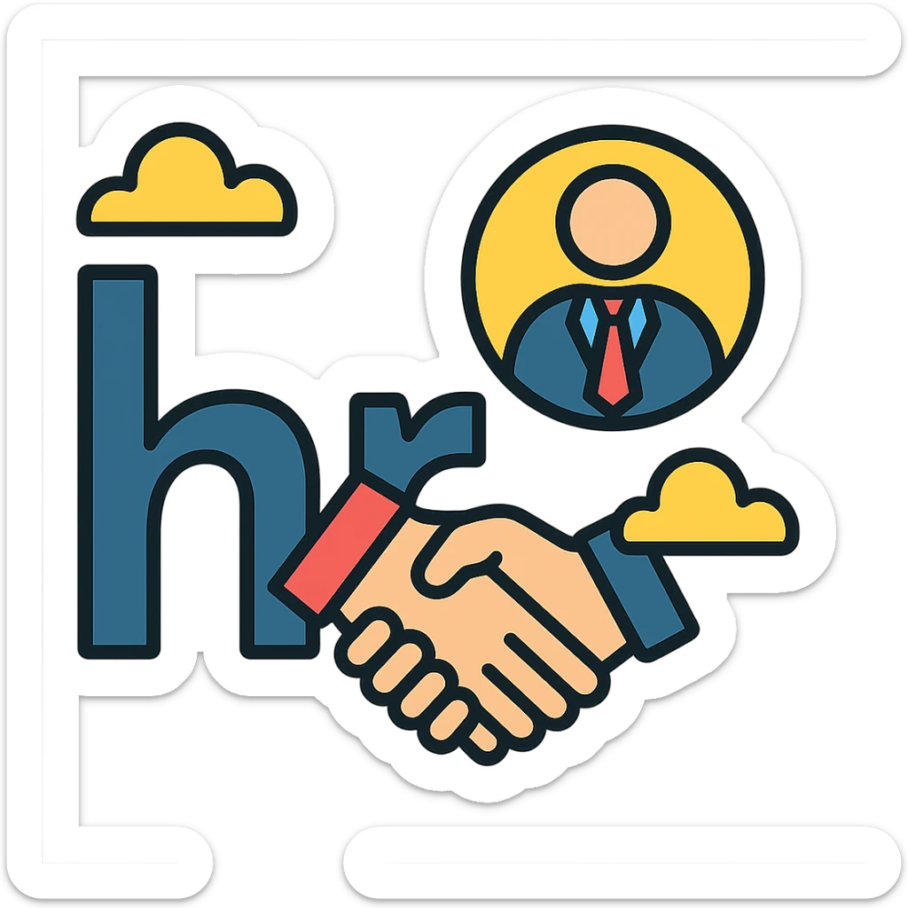 Add a handshake icon to the HR logo, keeping a sleek and businesslike appearance with a transparent background. sticker