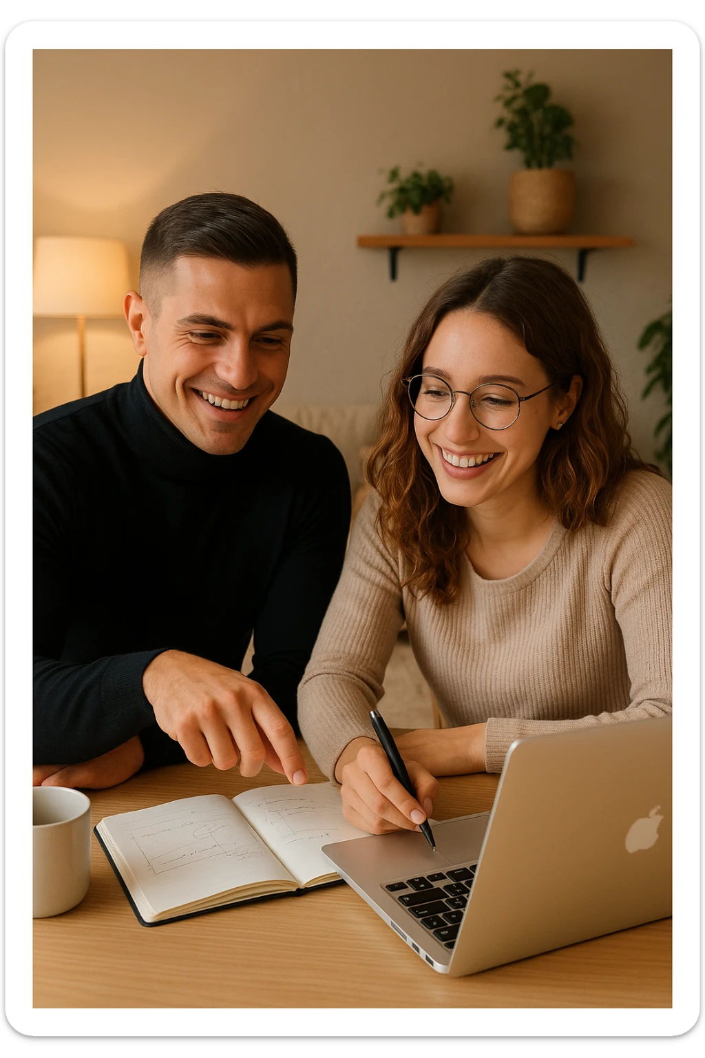 a man and woman work together on a project at home, with the man offering guidance and the woman actively participating and contributing ideas. Their expressions show teamwork and satisfaction, highlighting the benefits of collaboration and shared leadership. The setting is warm and inviting. sticker