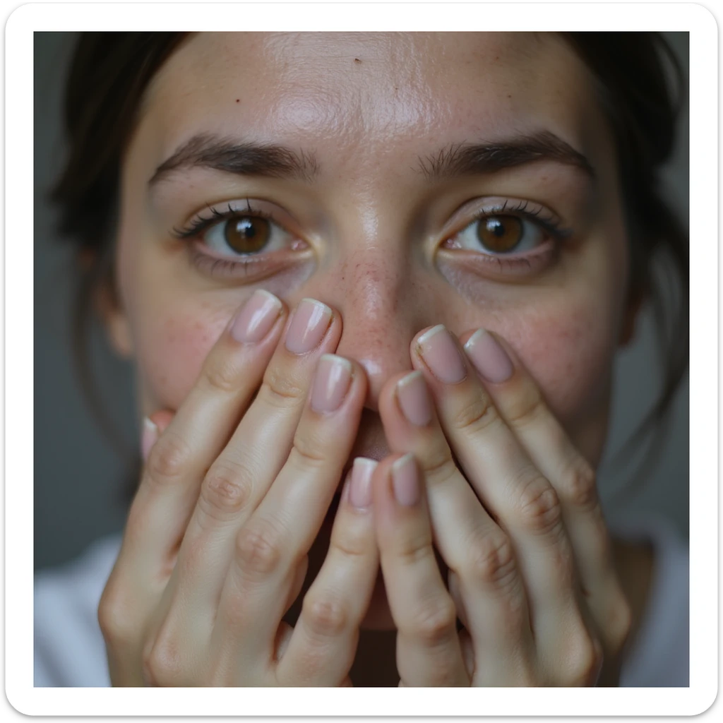 close-up of hands of a woman with vitamin B12 deficiency, fragile and pale nails, slight jaundice in the sclera of the eyes, hyperrealistic 4K details, vertical 9:16, neutral background sticker