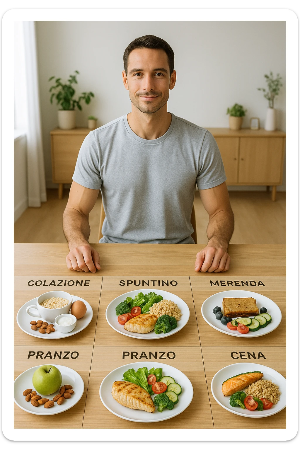 Uomo sereno con fisico sano e asciutto seduto davanti a un grande tavolo diviso in 5 sezioni, ognuna con un pasto bilanciato: colazione, spuntino, pranzo, merenda, cena. Ogni piatto ha porzioni equilibrate di proteine, carboidrati e grassi salutari. Ambiente ordinato, stile di vita sano, luce naturale, atmosfera di consapevolezza nutrizionale. in italiano sticker