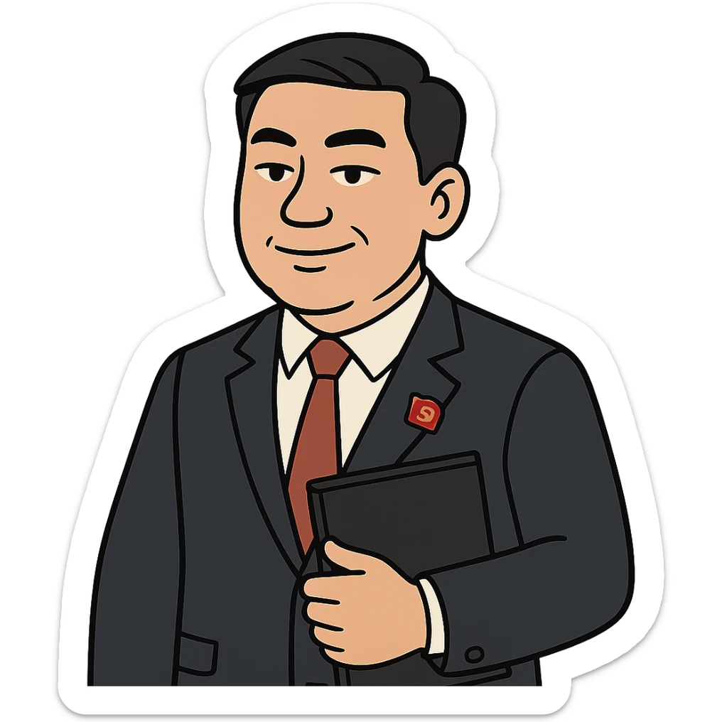 Chinese male manager emoji, cartoon style, flat design, wearing a dark suit, white shirt, red tie, golden Communist Party badge on left lapel, holding a black folder, confident expression, simple, white background sticker