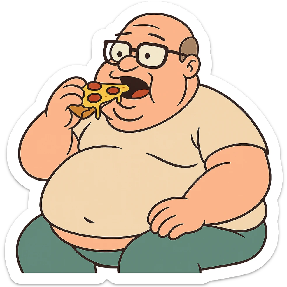 flat toon style of a very fat bald man with glasses eating pizza sticker