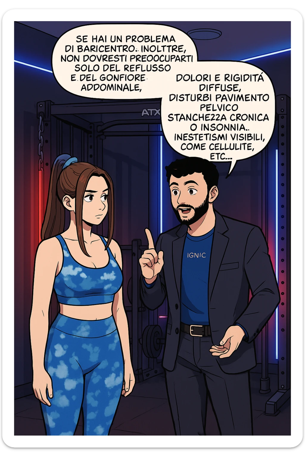 TRASFORMA QUESTO CAROSELLO IN UN FUMETTO STILE WEBTOON/MANGA A COLORI CON QUESTE DUE PERSONE IDENTICHE CHE INTERLOQUISCONO TRA LORO, L'uomo sta spiegando alla donna questo concetto:

Se hai un problema di baricentro, inoltre, non dovresti preoccuparti solo del reflusso e del gonfiore addominale, ma anche di un aumentato rischio di:
    • dolori e rigidità diffuse
    • disturbi pavimento pelvico
    • stanchezza cronica o insonnia
    • inestetismi visibili, come celluluite
    • etc… sticker