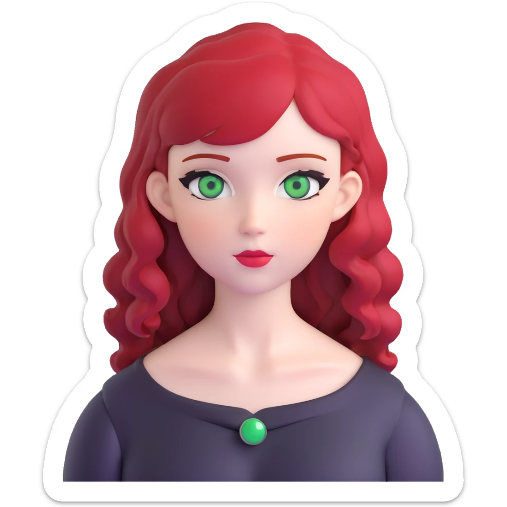girl with green eyes, white skin, wavy black hair, red hair at the back of her neck sticker