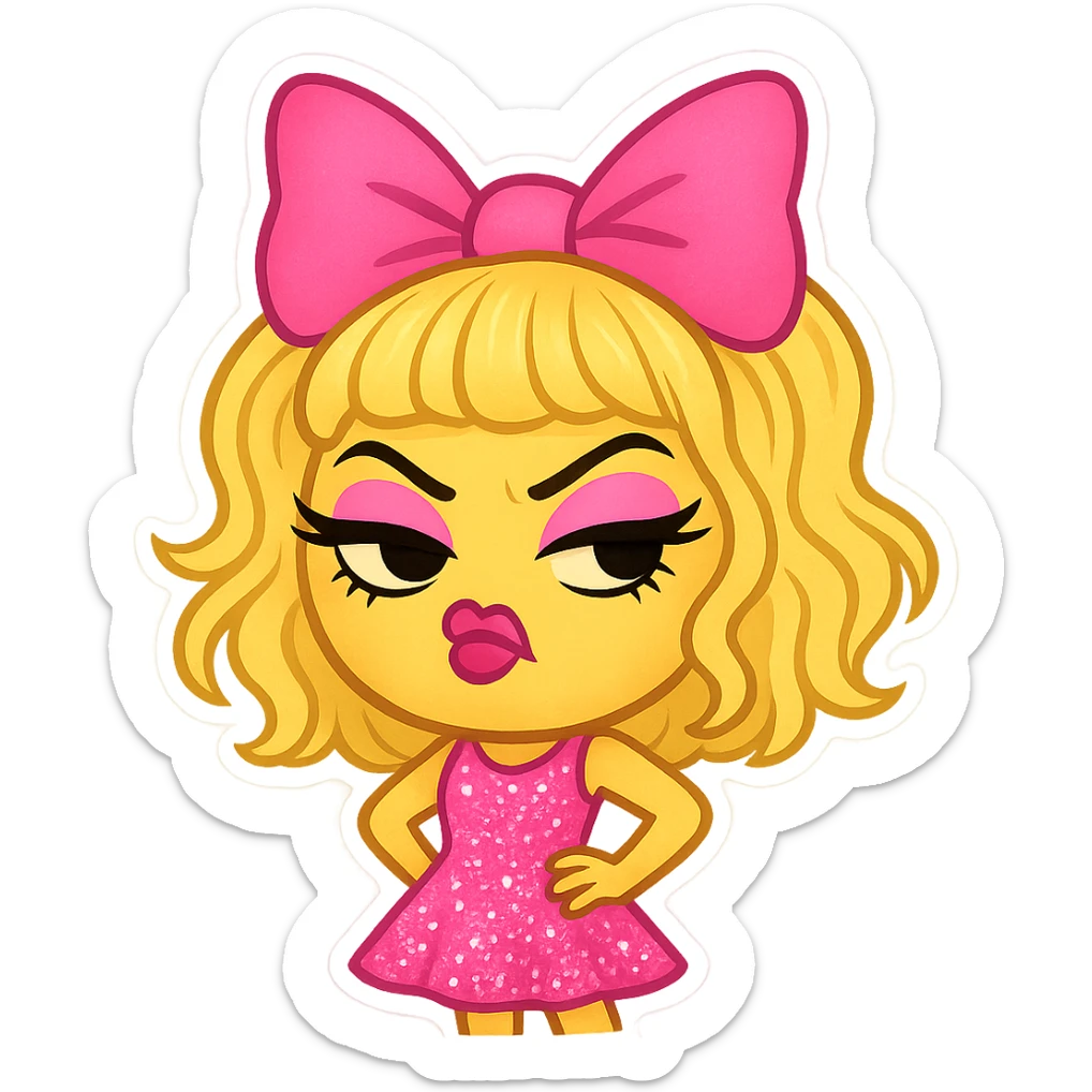 super fashionable emoji in Betsey Johnson style, with big hair bow, sparkly dress, and lots of attitude sticker