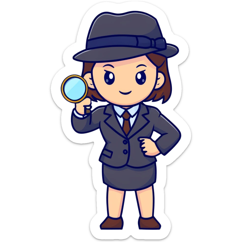 girl in a business suit, wearing a detective hat, holding a magnifying glass, in an investigating pose sticker