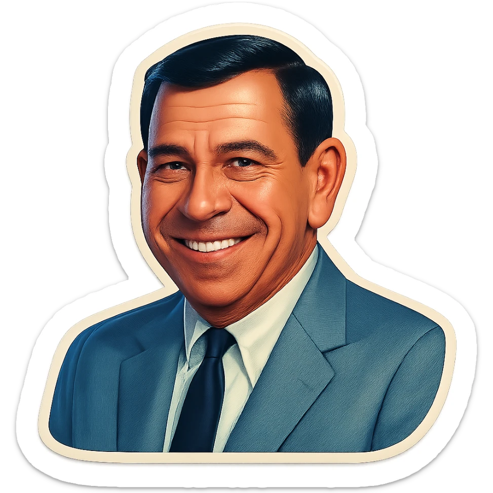 Portrait of this man in retro stickers style, smiling, no text, neutral background. sticker