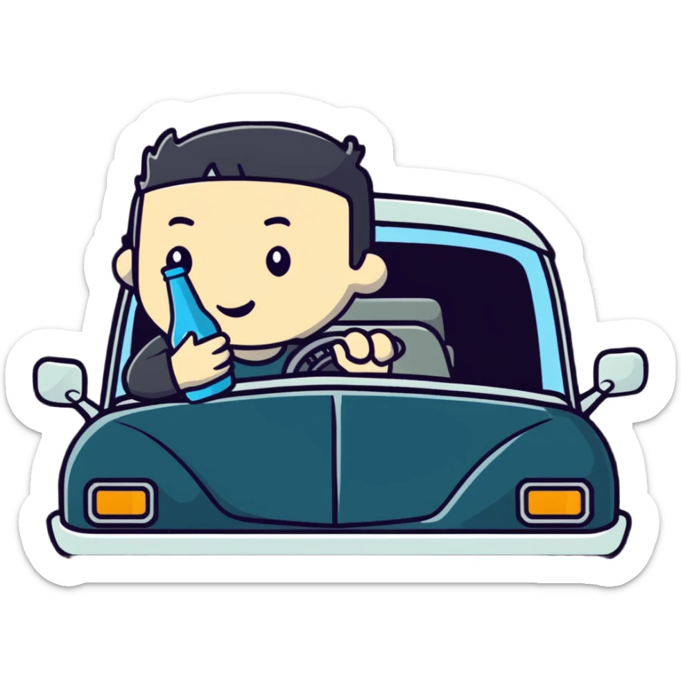 person in a car holding a bottle, showing the act of drinking and driving sticker