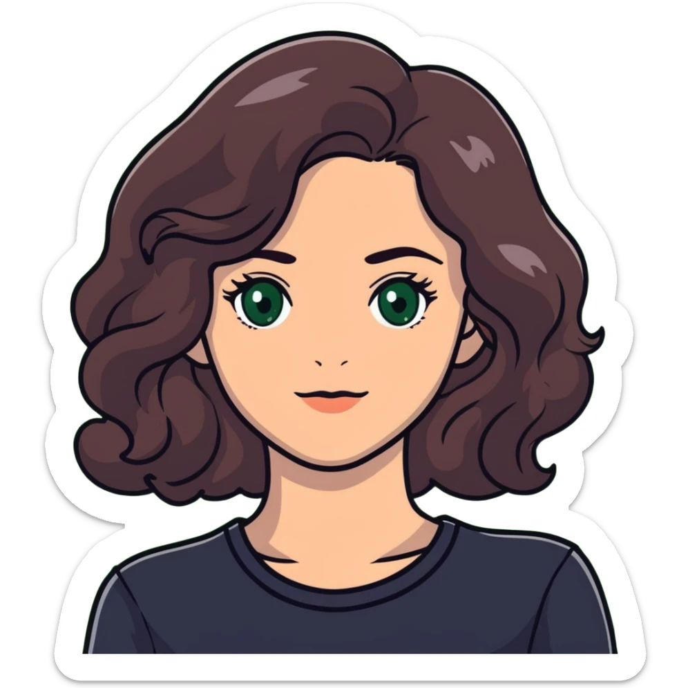 woman with wavy dark brown hair and green eyes sticker