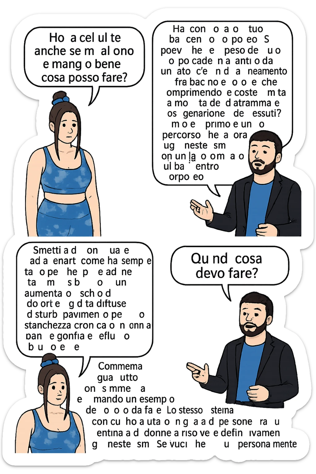 TRASFORMA QUESTO CAROSELLO IN UN FUMETTO CON QUESTE DUE PERSONE IDENTICHE CHE INTERLOQUISCONO TRA LORO:

Ho la cellulite anche se mi alleno e mangio bene, cosa posso fare?

Hai controllato il tuo baricentro corporeo?
Sapevi che se il peso del tuo corpo cade in avanti o da un lato, c’è un disallineamento fra bacino e torace, che comprimendo le coste, limita la motilità del diaframma e l’ossigenazione dei tessuti?
Il mio è il primo e unico percorso che lavora sugli inestetismi con un lavoro mirato sul baricentro corporeo.

Smettila di continuare ad allenarti come hai sempre fatto perché, oltre ad inestetismi visibili, corri un aumentato rischio di:
    • dolori e rigidità diffuse
    • disturbi pavimento pelvico
    • stanchezza cronica o insonnia
    • pancia gonfia e reflusso (bruciore)
    • etc…


Quindi cosa devo fare?
Commenta, qua sotto, con “simmetria” e ti mando un esempio del lavoro da fare. Lo stesso sistema con cui ho aiutato migliaia di persone, fra cui centinaia di donne a risolvere definitivamente gli inestetismi.
Metterei il prima e dopo

Se vuoi che ti aiuti personalmente
SCRIVIMI IN DIRECT sticker