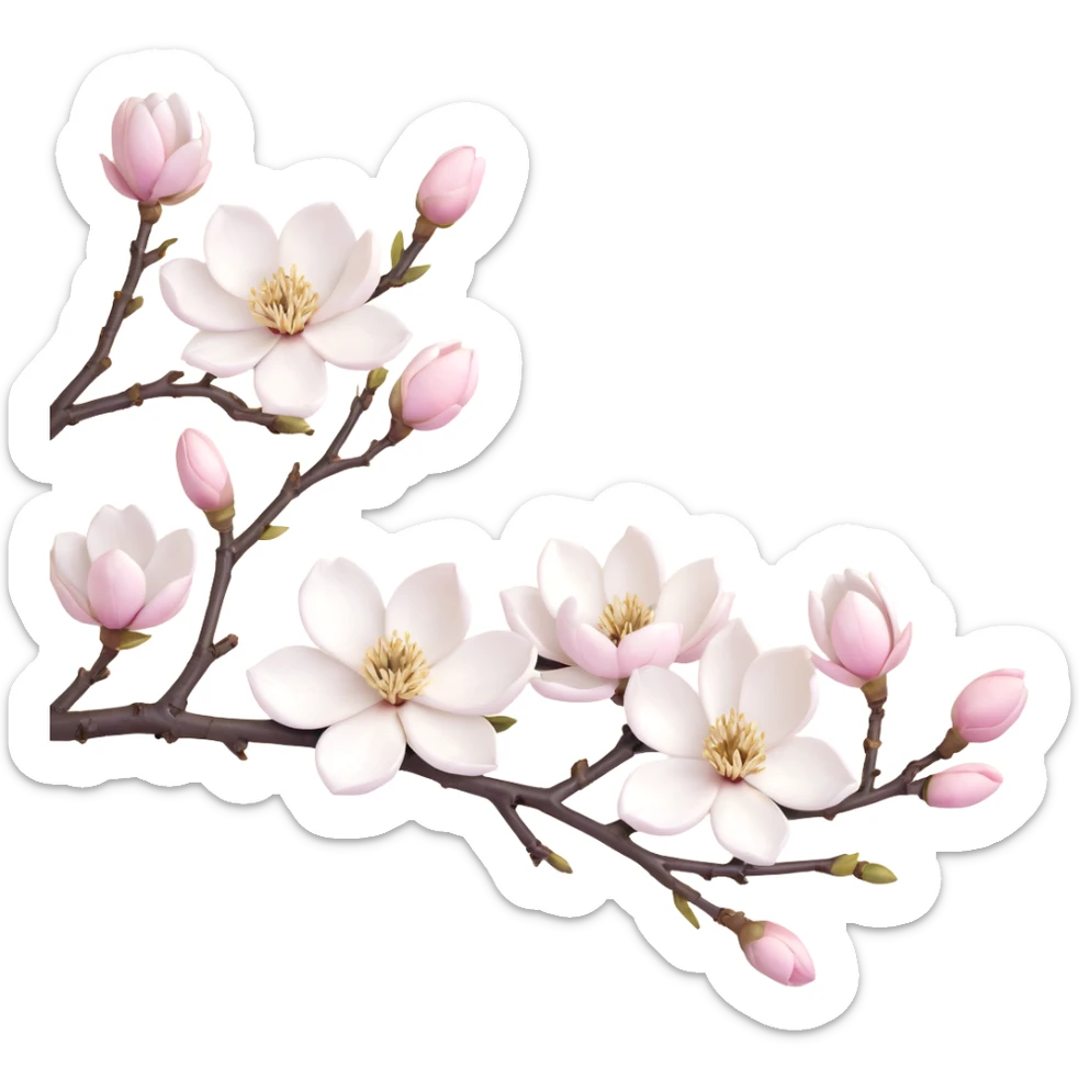 Traditional Japanese Magnolia kobus (kobushi) blossom with sumi-e brush stroke style, delicate white flowers on bare branch, zen aesthetic with subtle ink wash background sticker