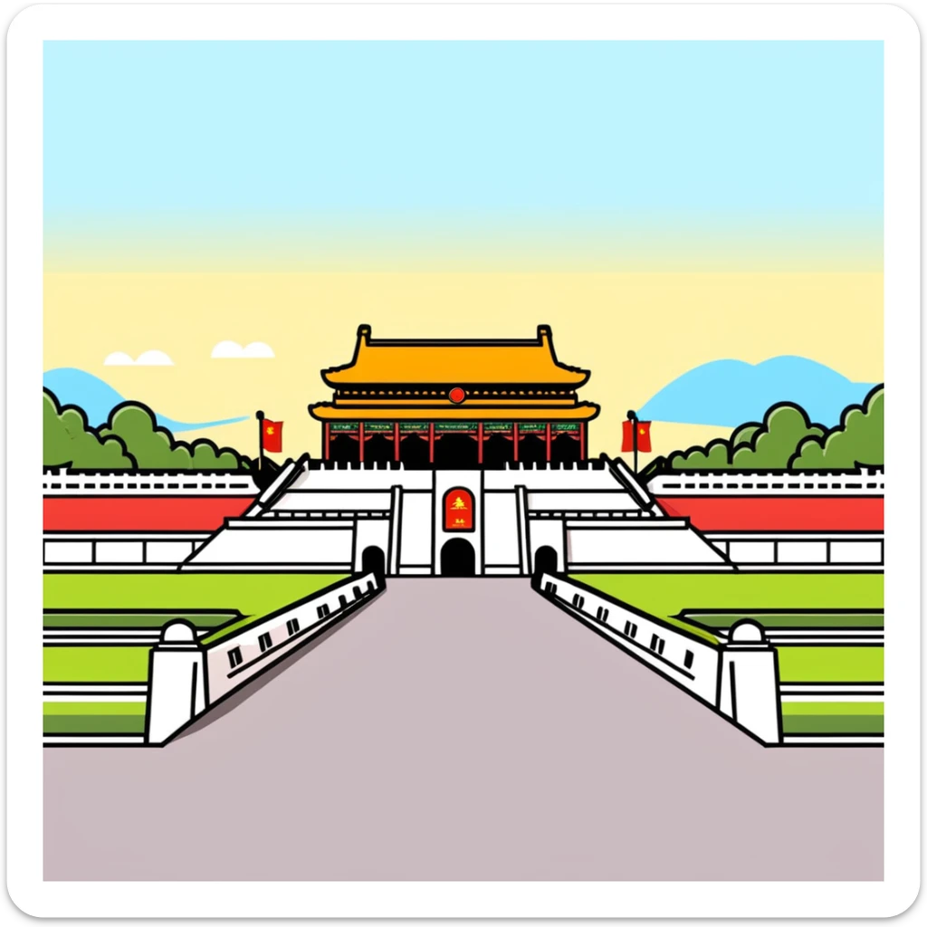 Tiananmen Square, Beijing, Chinese architecture, sunny day, travel illustration sticker