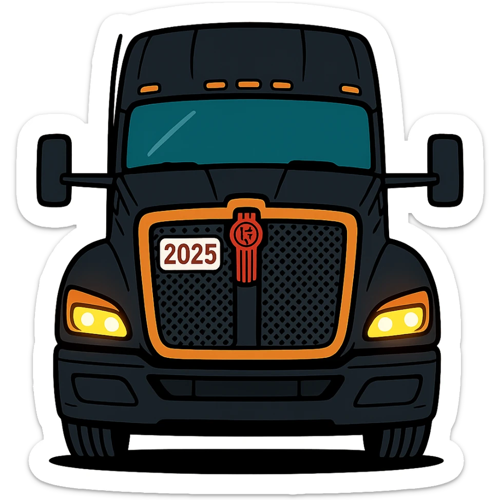 Stylized cartoon style close-up front view of a 2025 Kenworth T680 truck in black color with headlights on, no background. sticker