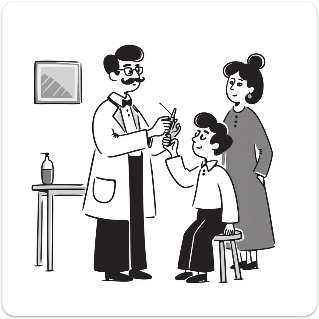 A Victorian doctor giving a young poor boy a vaccination with the boy's mother in the background looking worried sticker