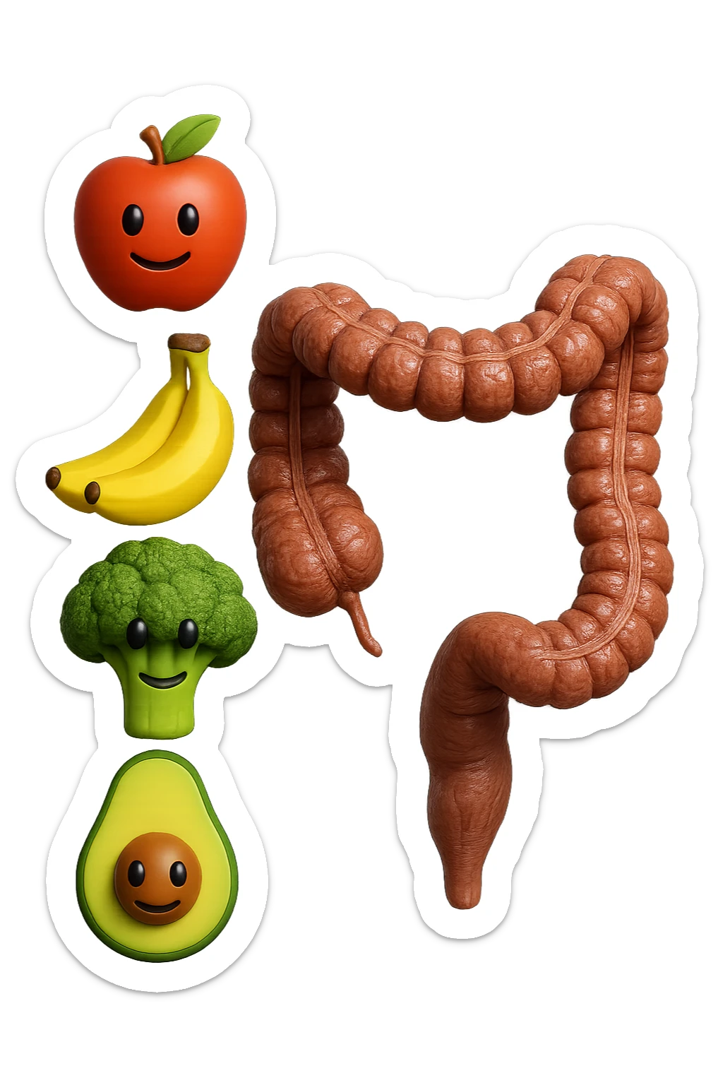 emoji stile iphone in 3d di cibo sano che fluttua in aria vericalmente insieme a pezzi di colon umano anatomico, iperrealistico 4k sticker