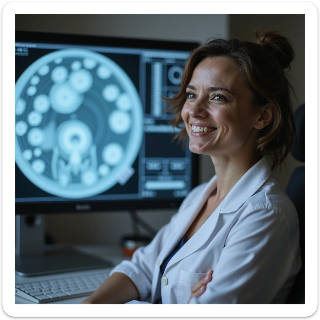 woman with PCOS in medical office next to monitor showing enhanced oocytes, expression of relief and hope, realistic photography sticker