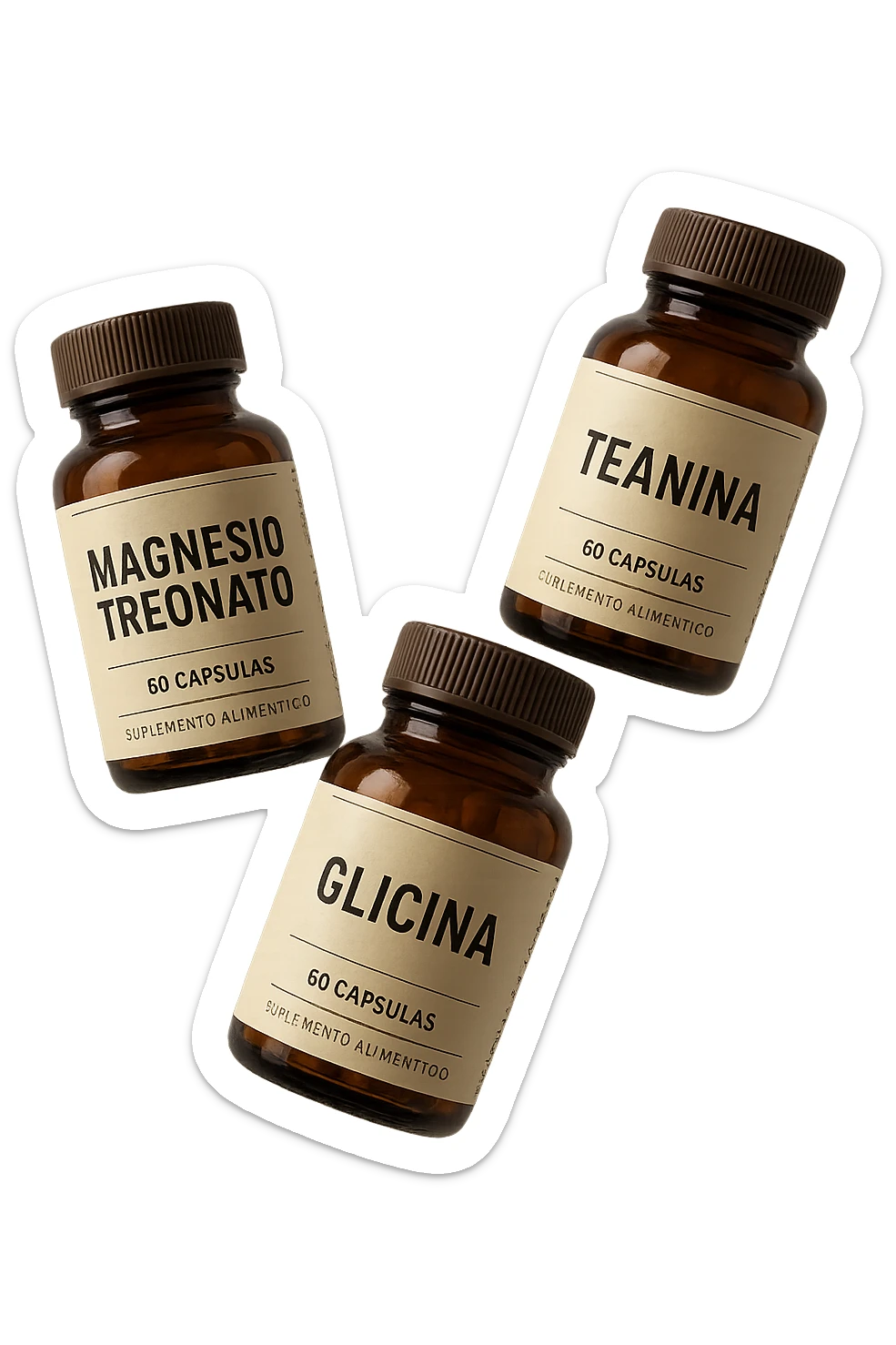 3 boccette di integratori: Magnesio Treonato, glicina, teanina, fluttuano in aria sticker
