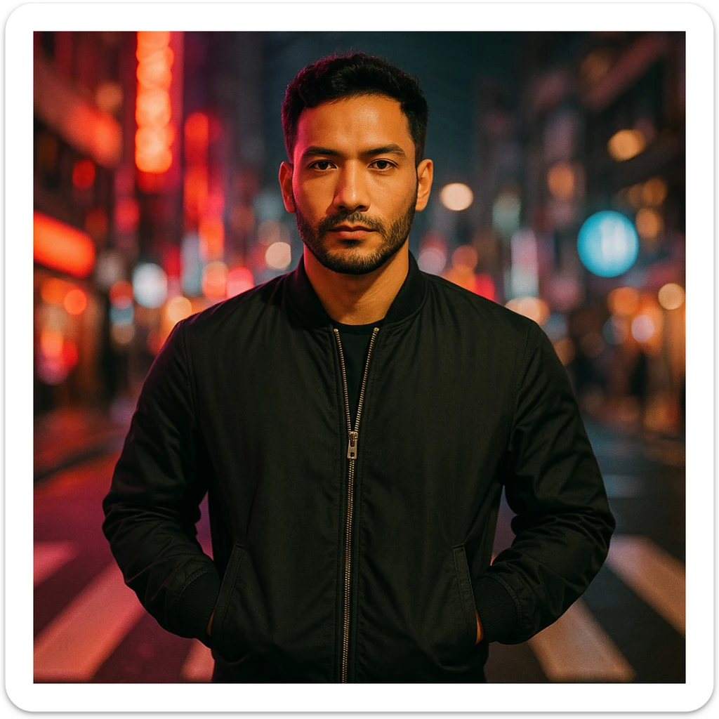 Create a cinematic city scene of a Southeast Asian man in his early 30s with medium tan skin, standing still in a crosswalk with hands in pockets, wearing a dark bomber jacket. The scene has glowing neon lights, spiral blur, confident expression, soft flash, urban nightlife, 35mm film style. Use the reference image for face. sticker