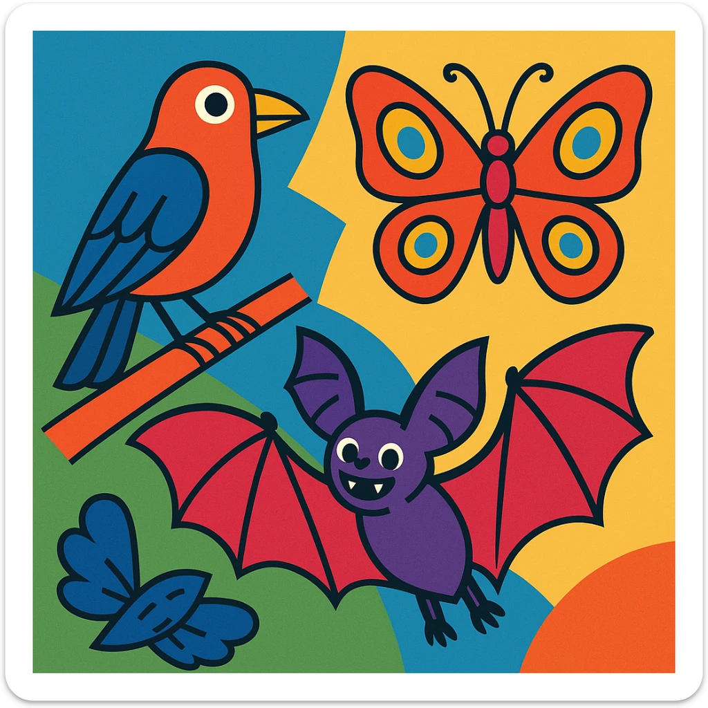 a group of animals with wings including a bird, a butterfly, and a bat in vibrant toon style sticker