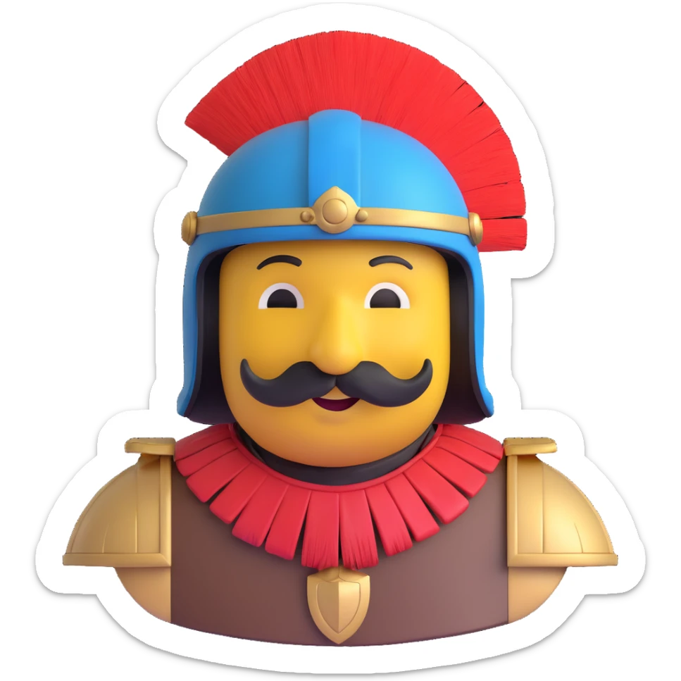 smiley face styled as an Age of Empires II Conquistador, with a helmet, mustache, and plume, friendly and fun, no text, for a Discord channel icon sticker