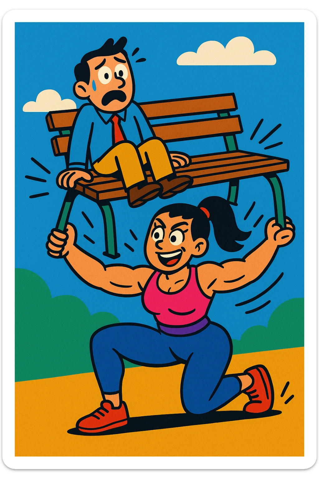 A woman lifting a bench with a frightened man sitting on it, cartoon style, colorful and dynamic sticker