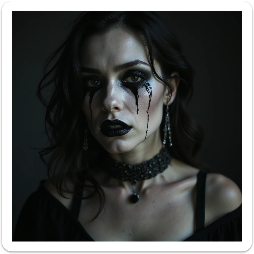 realistic horror portrait of a beautiful scary woman with pale skin, black tears, cracked porcelain effect, gothic jewelry, dramatic lighting sticker