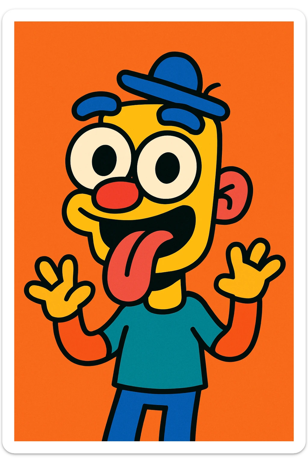 goofy wacky character with big eyes and tongue out, cartoon style, bright colors sticker