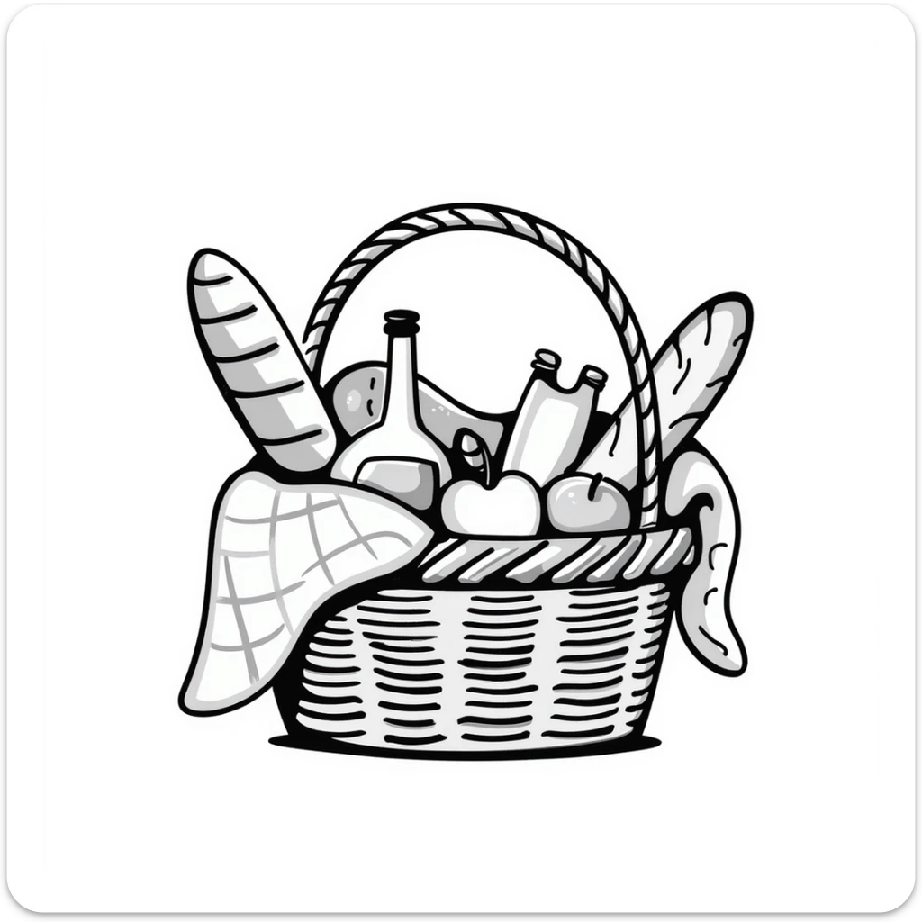 A wicker picnic basket with handle and contents like food items in pastel colors (dd9fb0, ffc6d3, a3bfc9, c4bee2, f1b091), hand-drawn doodle style sticker