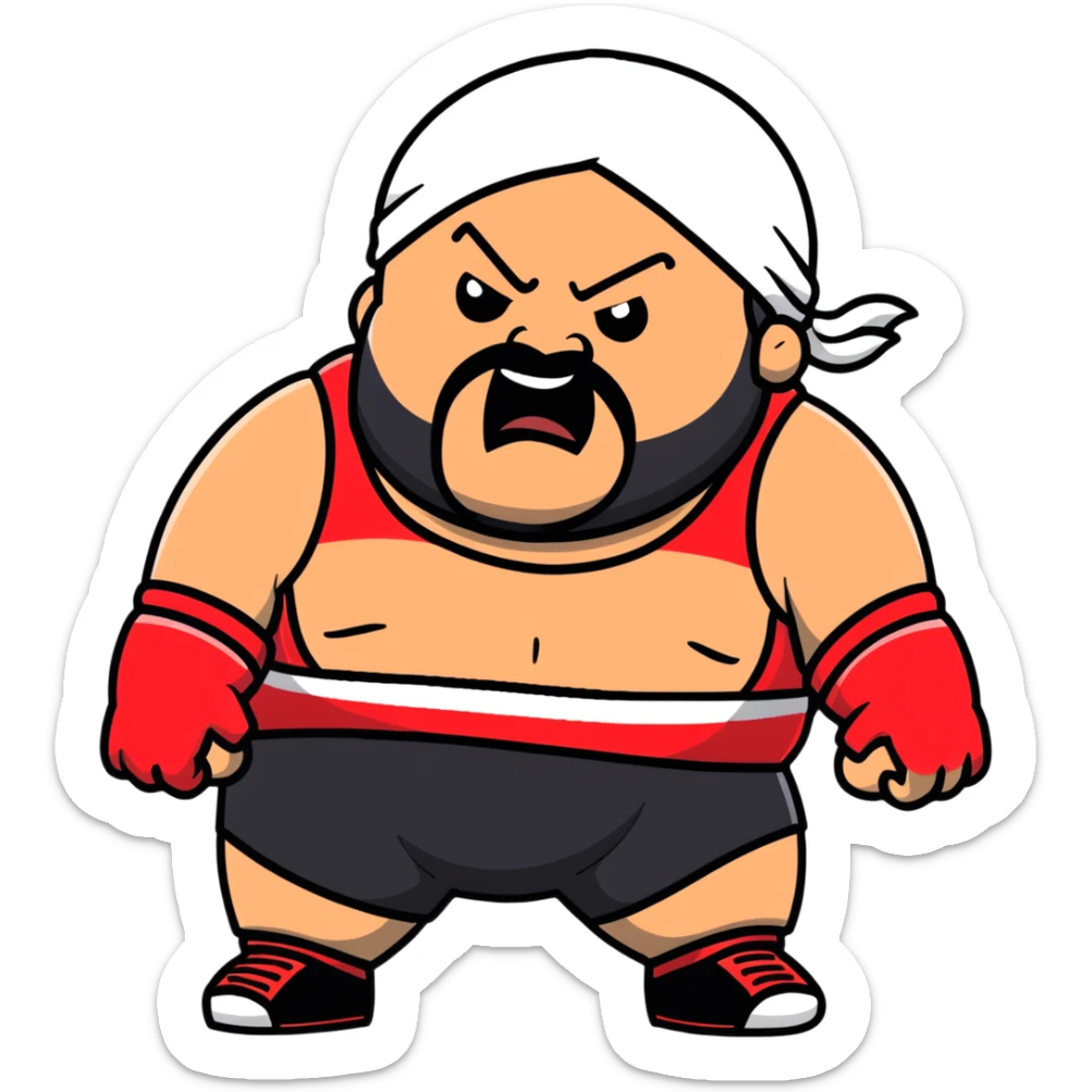 White skin fat guy with black durag, black beard, black eyes in a red and black wrestling singlet with angry face sticker