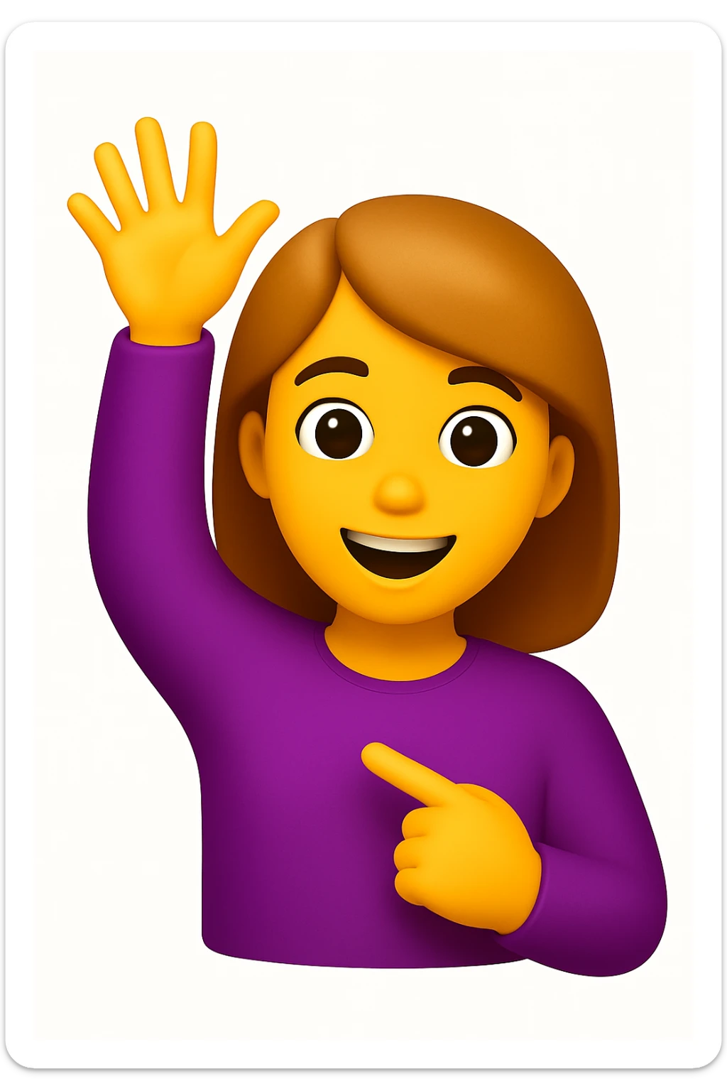 A 3D emoji in iOS emoji aesthetic style of a cheerful cartoon person raising one hand in the air while pointing to themselves with the other hand, smiling proudly, expressive and confident pose, glossy Apple-style design, clean white background
 sticker