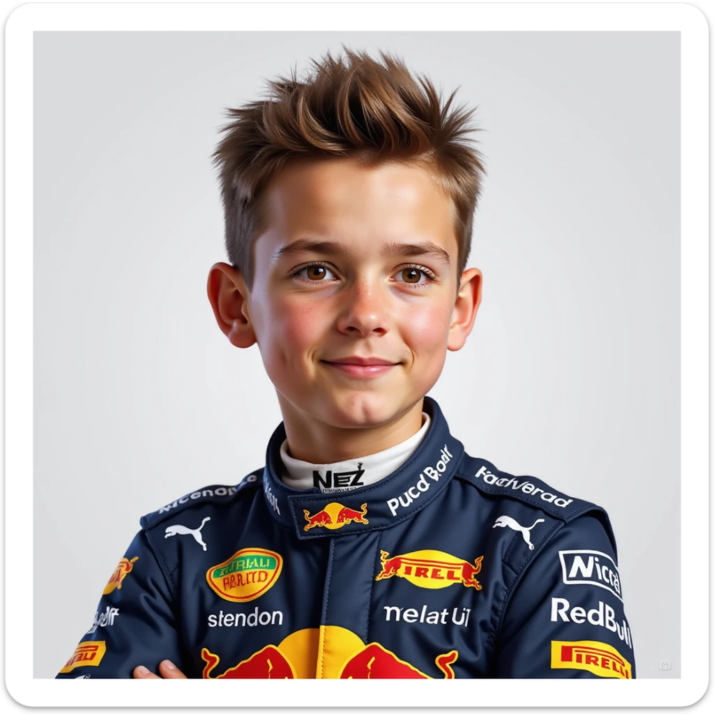 portrait of Max Verstappen, Formula 1 driver, realistic style, wearing racing suit in Red Bull Racing colors, confident expression, short brown hair, detailed and lifelike sticker