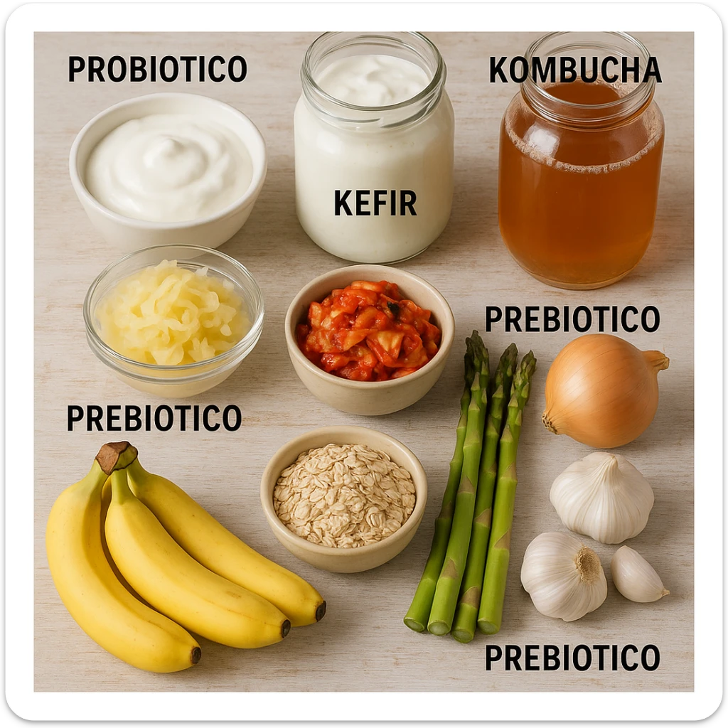 Add Italian labels directly on the image: "Probiotico" next to yogurt, kefir, sauerkraut, kimchi, kombucha; "Prebiotico" next to bananas, oats, asparagus, onion, garlic. Maintain a realistic and informative style in the edits. sticker