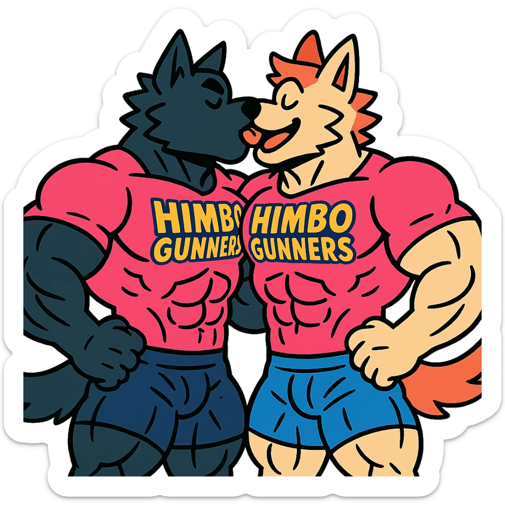 pair of ultra-muscular wolf furries wearing 'Himbo gunners' t-shirts, deep kiss, cheerful and energetic, very large, defined, and detailed muscles, ultra high quality sticker