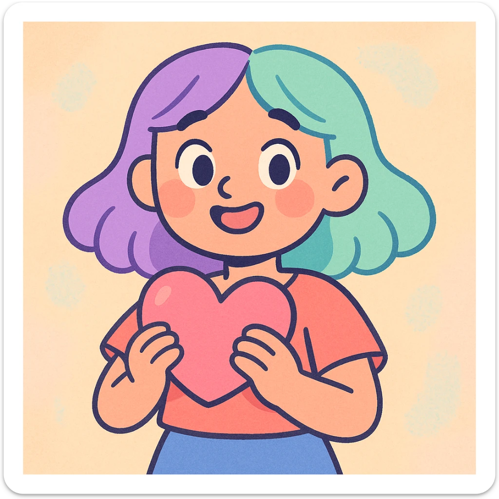 girl with half purple half green hair holding a heart, soft pastel illustration sticker