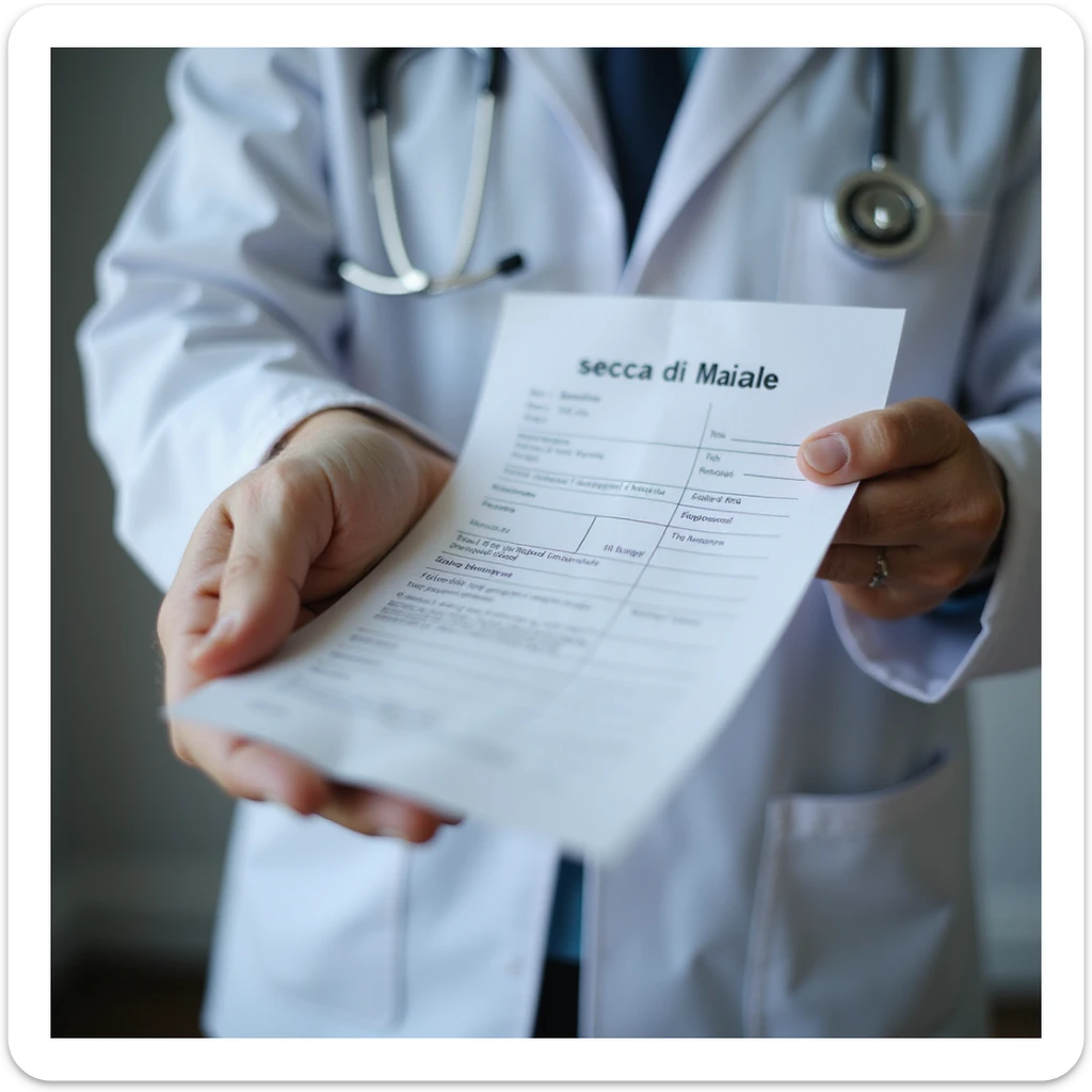 hyperrealistic 4K close-up of a doctor handing a prescription to a patient, hands in focus, with the text 'Tiroide secca di maiale' visible on the paper, clinical office environment sticker