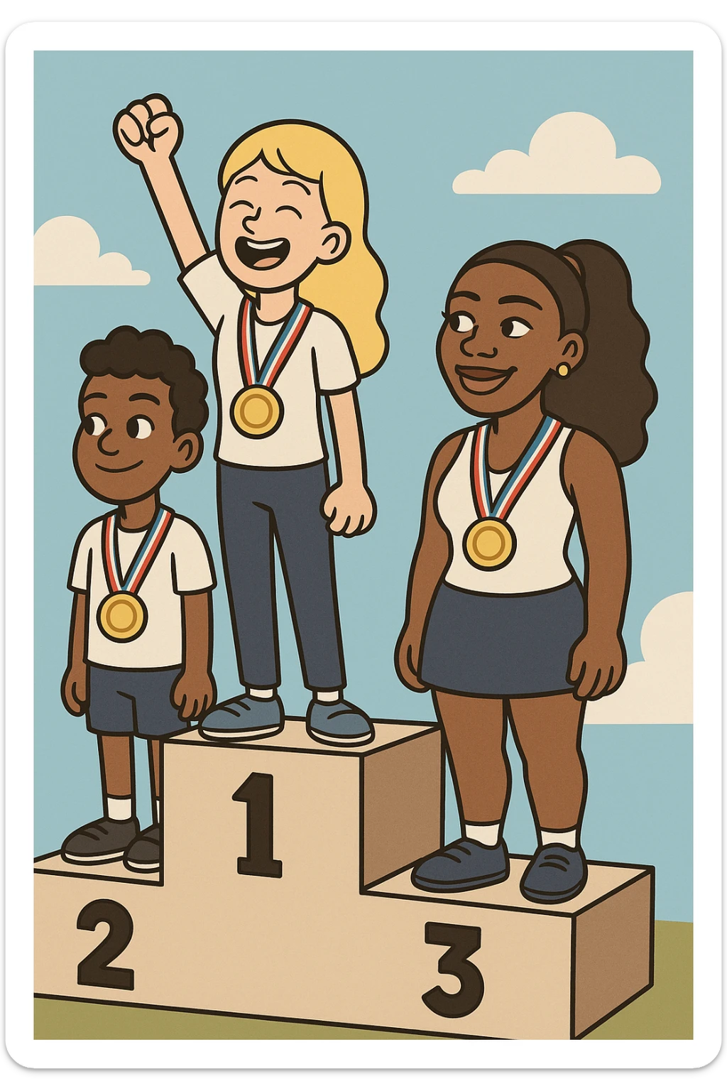 winners podium girl yellow hair Olympic Gold Medal a boy brown skin black Classic Curl hair Olympic Gold Medal Serena Williams Olympic Gold Medal  sticker