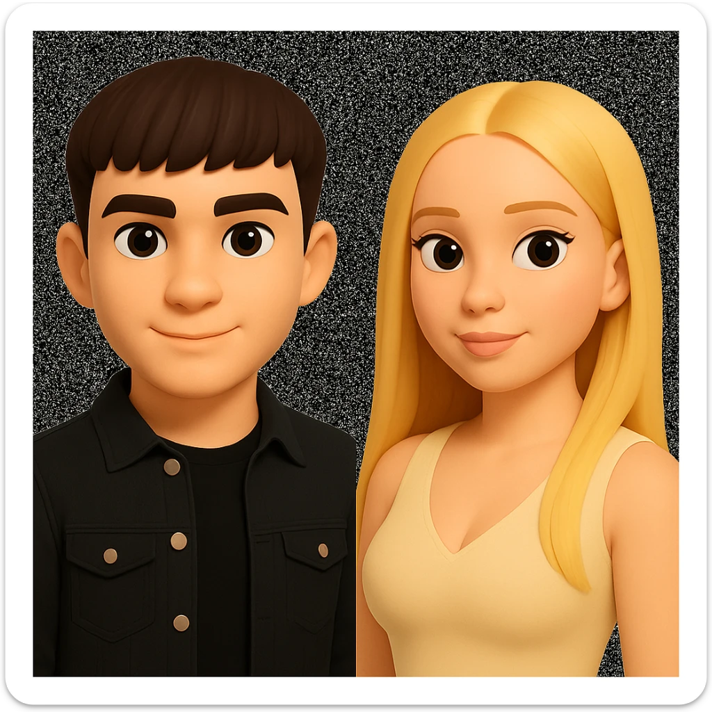 Slightly increase the volume of the upper body of the girl, separate the girl and the boy from each other, and make the skin color the same for both characters. Maintain the cartoonish 3D style in the edit. sticker