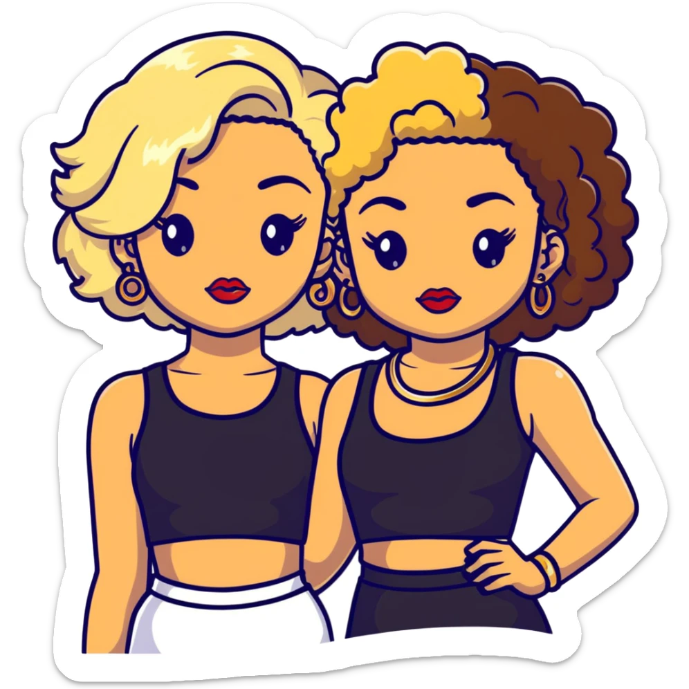 Two teenage girls together, one white with blonde hair and one brown-skinned with curly dark hair, both with heavy makeup, big lips, crop tops, gold jewelry and flashy choni style outfits sticker
