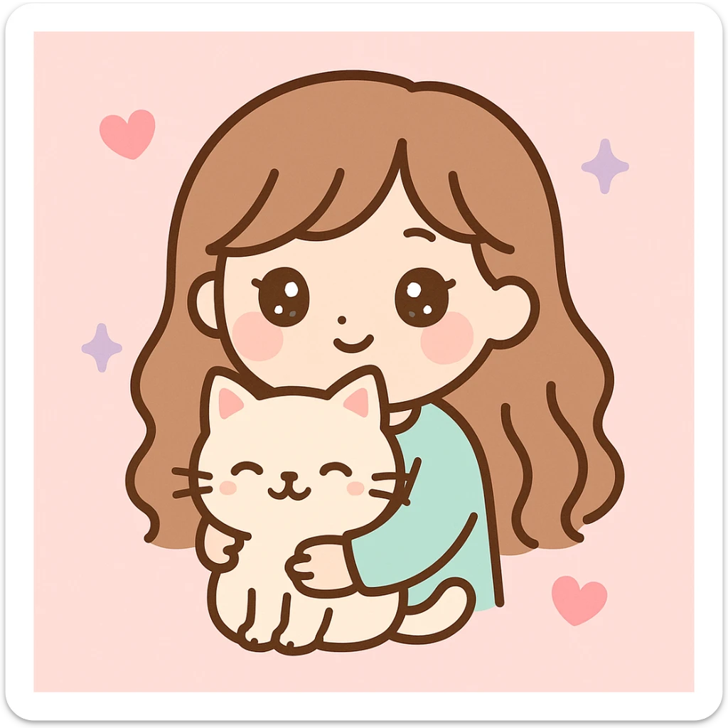a girl with long wavy brown hair and brown eyes holding a cat, friendly and appealing style sticker