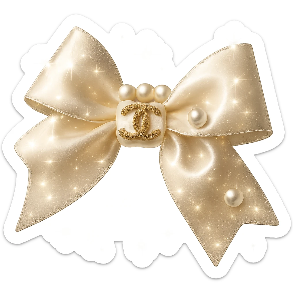 Add sparkling effects to the elegant bow with pearls and gold Chanel logo, glossy, soft lighting, realistic style, with a solid white background. The image should have a clean and solid white background to highlight the sparkling and glossy details with soft lighting effects. sticker