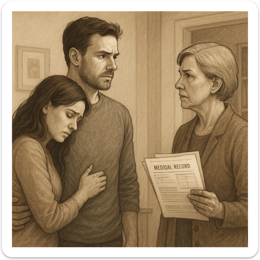 The couple standing together, the man facing his mother-in-law with a calm but firm expression, his wife leaning on him for support, medical documents visible, home interior. sticker