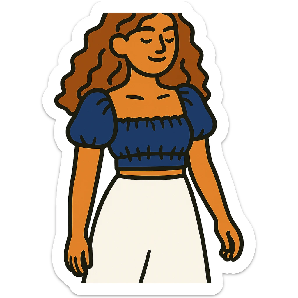 tan girl with wavy hair, white long skirt, navy blue ruched square neck crop top sticker