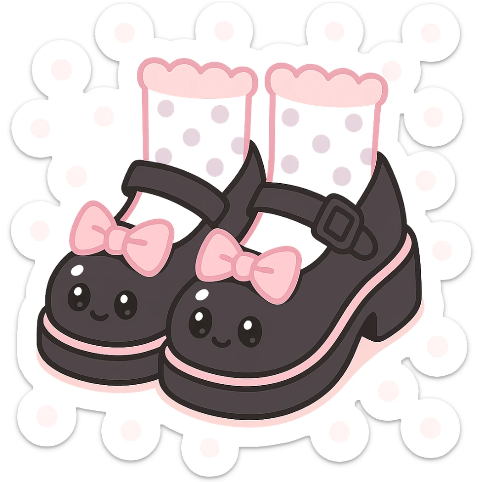 BLACKPINK-inspired gothic shoes, no hearts, black and pink, cute and stylish, kawaii style, mary jane shoes with bows, pastel polka dot socks sticker