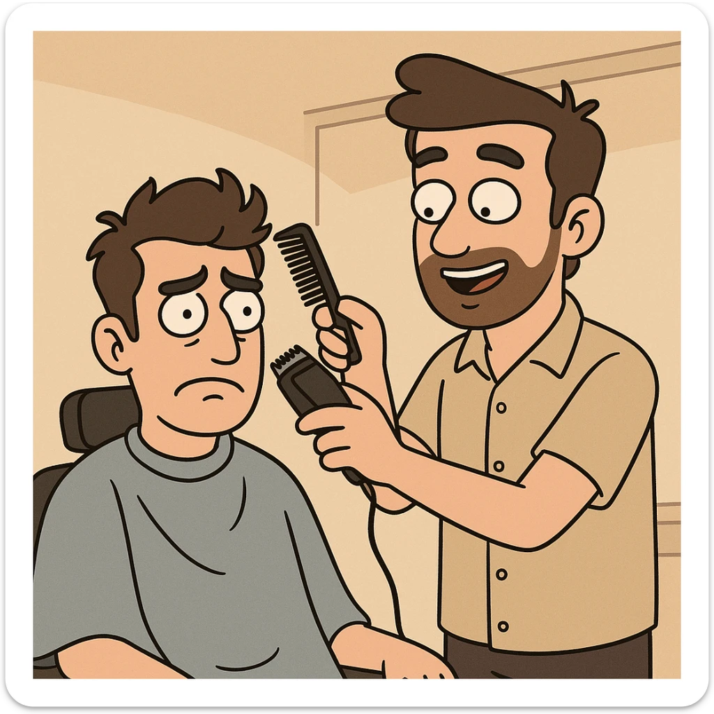 a person getting a haircut in a cartoon style sticker