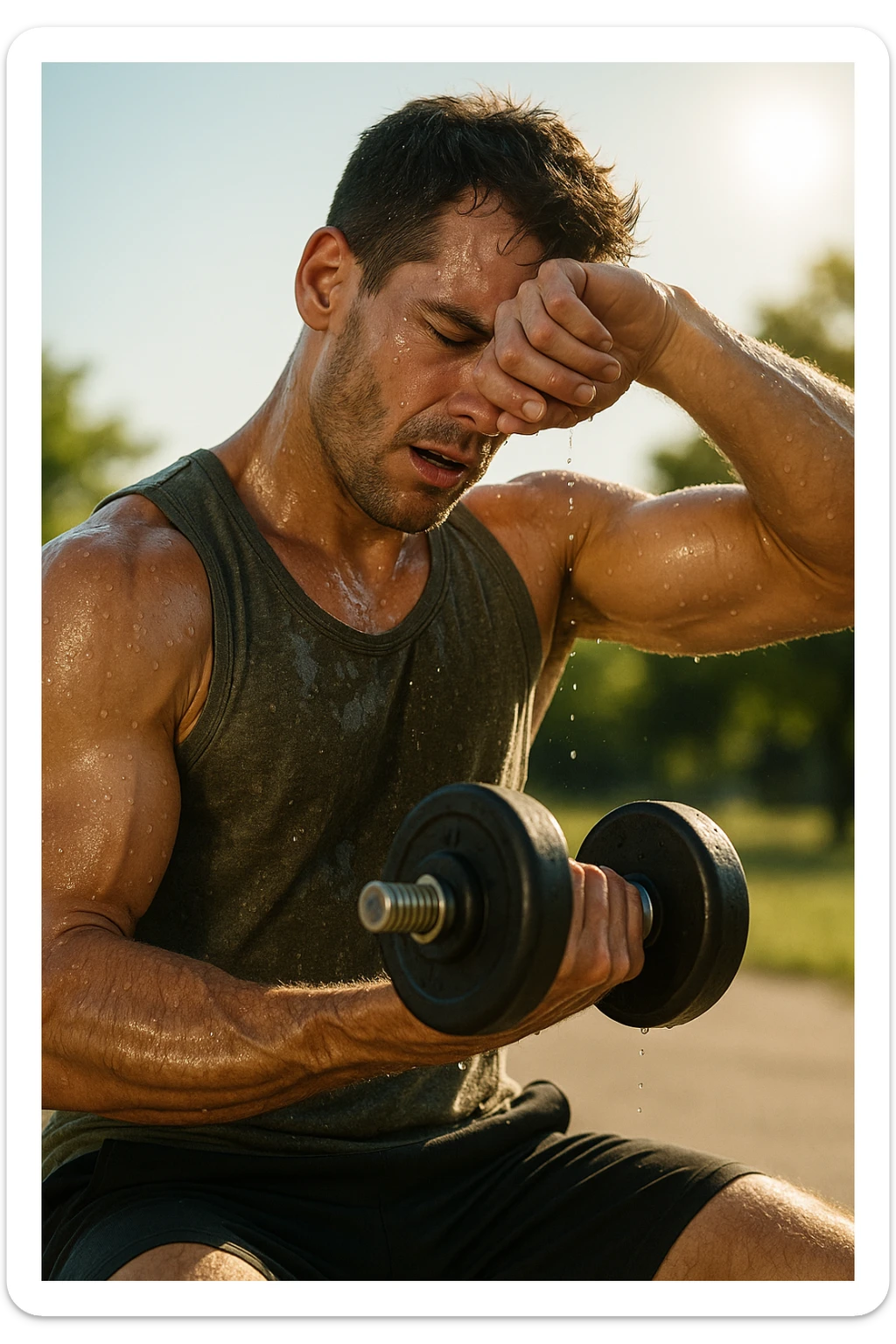 uomo fitness che si allena in estate, tutto sudato, con una mano fa un curl manubri mentre con l'altra mano si asciuga il sudore dalla fronte, espressione affaticata in volto sticker