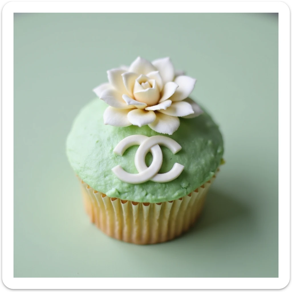 photorealistic pastel green Chanel cupcake with a white camellia flower and edible logo, no background sticker