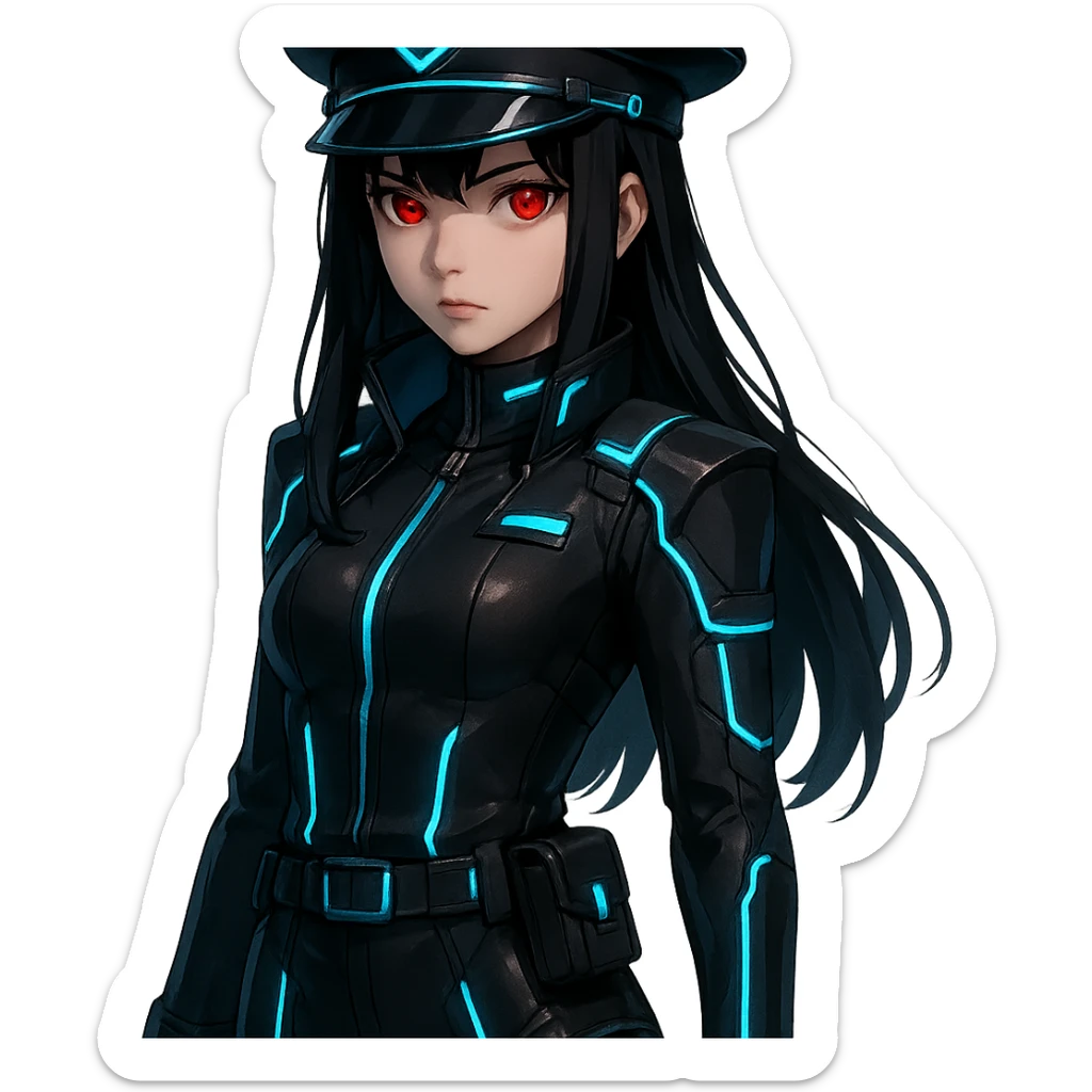 dark-haired, red-eyed girl in a cyberpunk-inspired officer uniform, futuristic, glowing accents, high-tech sticker