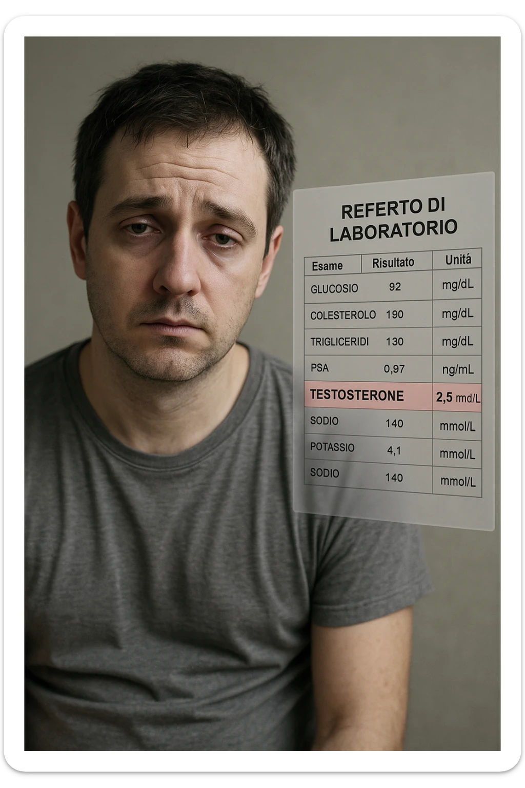 Un uomo caucasico di 35-45 anni, in CGI fotorealistico, che mostra i segni fisici ed emotivi di un basso livello di testosterone. aggiungere un referto medico semi-trasparente fluttuante accanto a lui, con valori di testosterone evidenziati in rosso. in italiano sticker