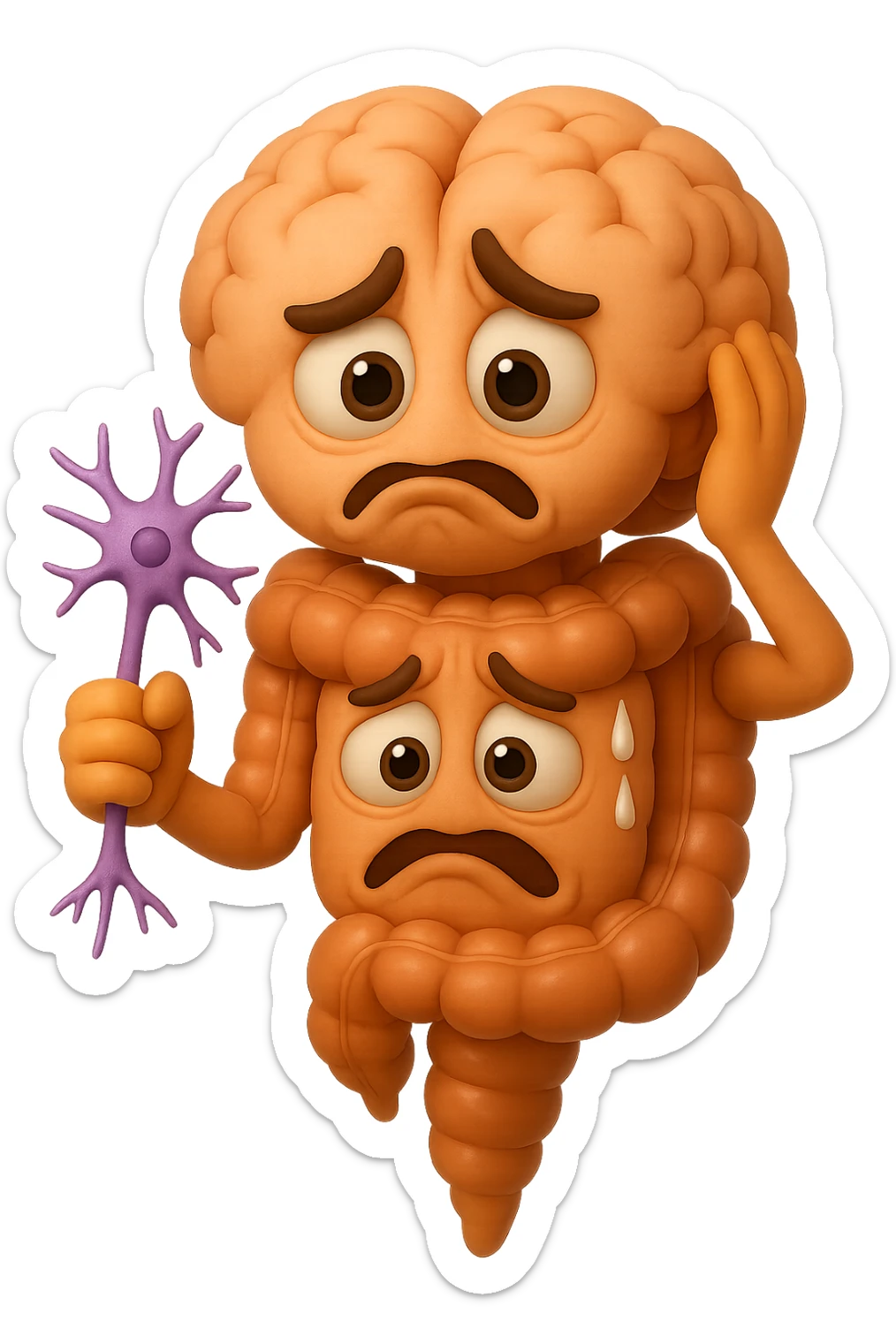 EMOJI STILE IPHONE DI UN INTESTINO collegato verticalmente ad un cervello mentre tiene in mano un neurone, espressione stressata, IPERREALISTICO 4K sticker